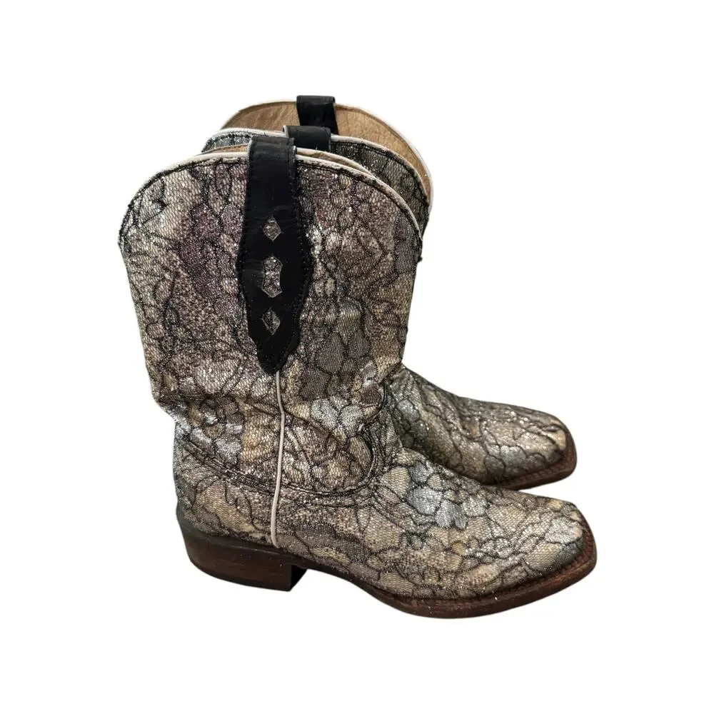 Tanner Mark Kids Youth 4 Metallic Lace Western Cowboy Boots Silver Black